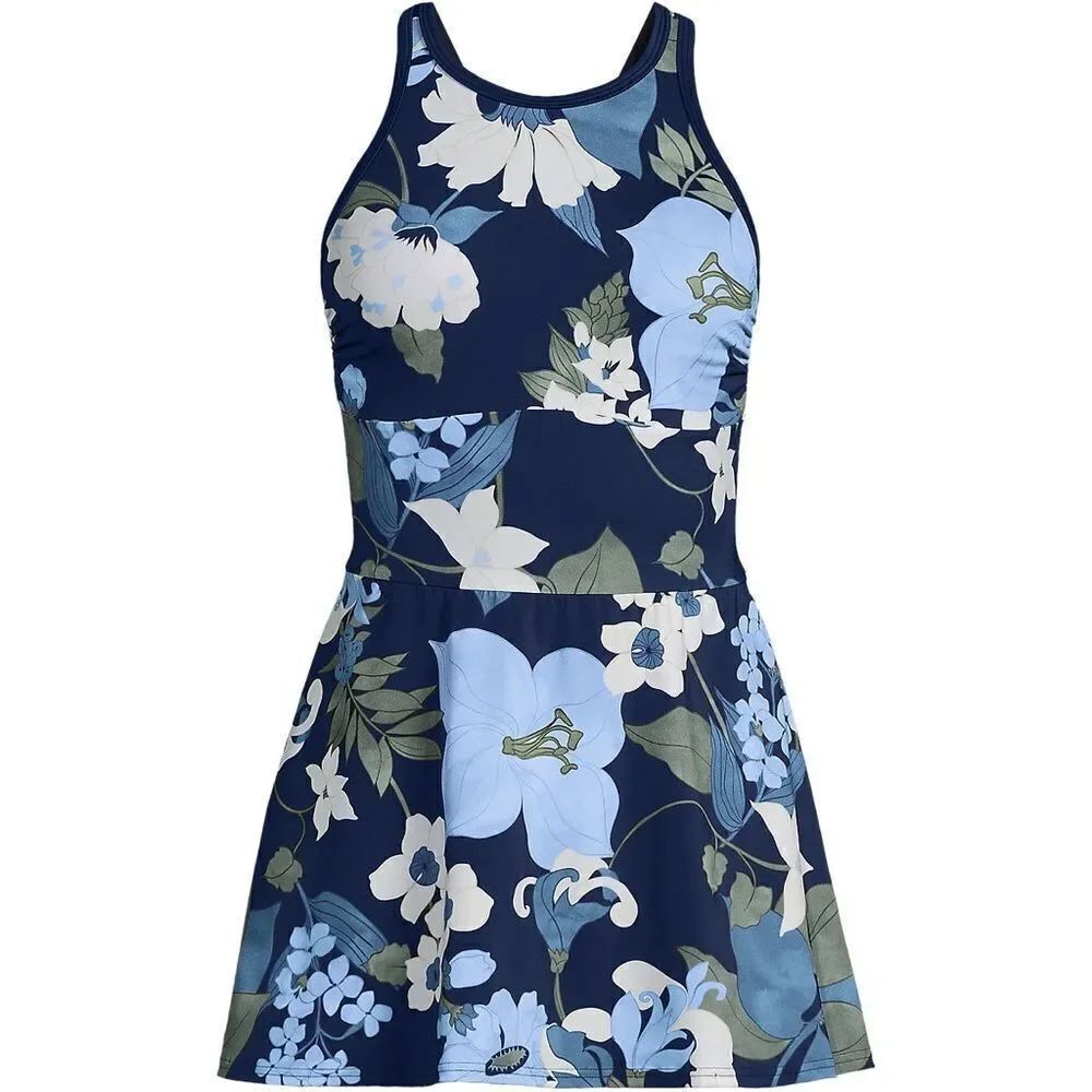 Land's End plus high neck tugless 1 piece bathing suit deep sea navy lilies Var